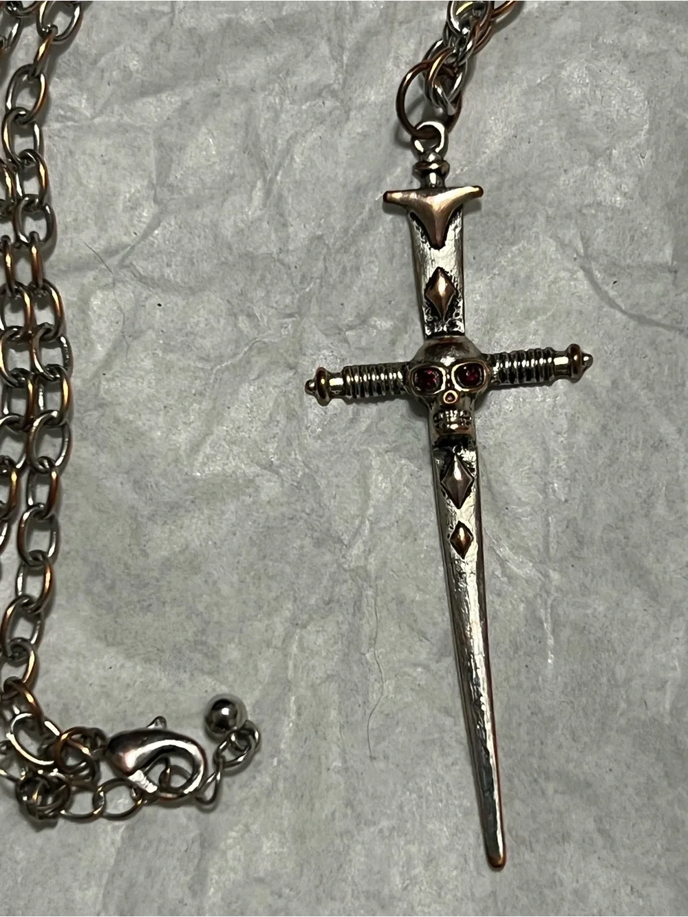 Silver Dagger Cross Necklace with Red Stone Eyes